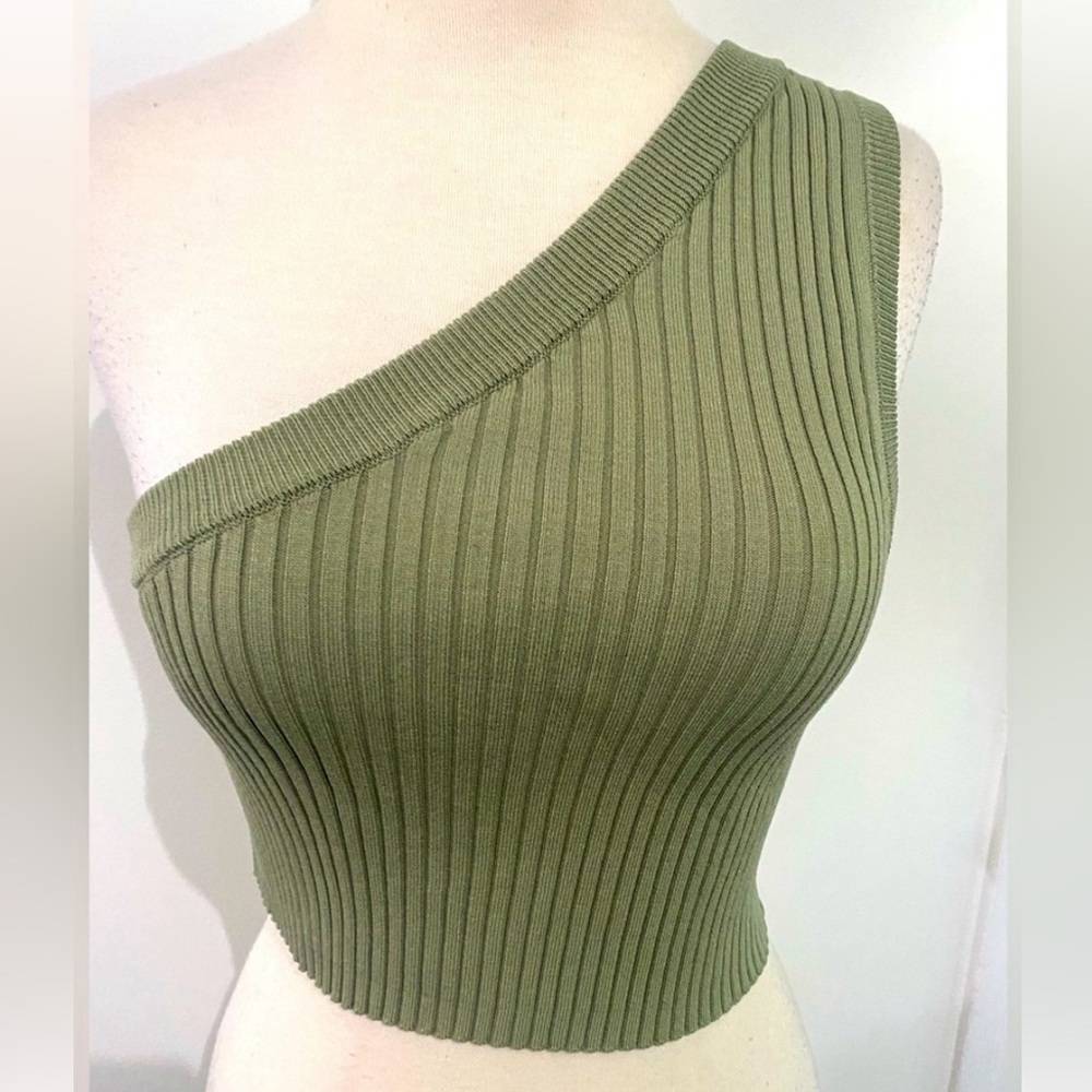 ZARA One Shoulder Olive Green Ribbed Crop Top Blouse
